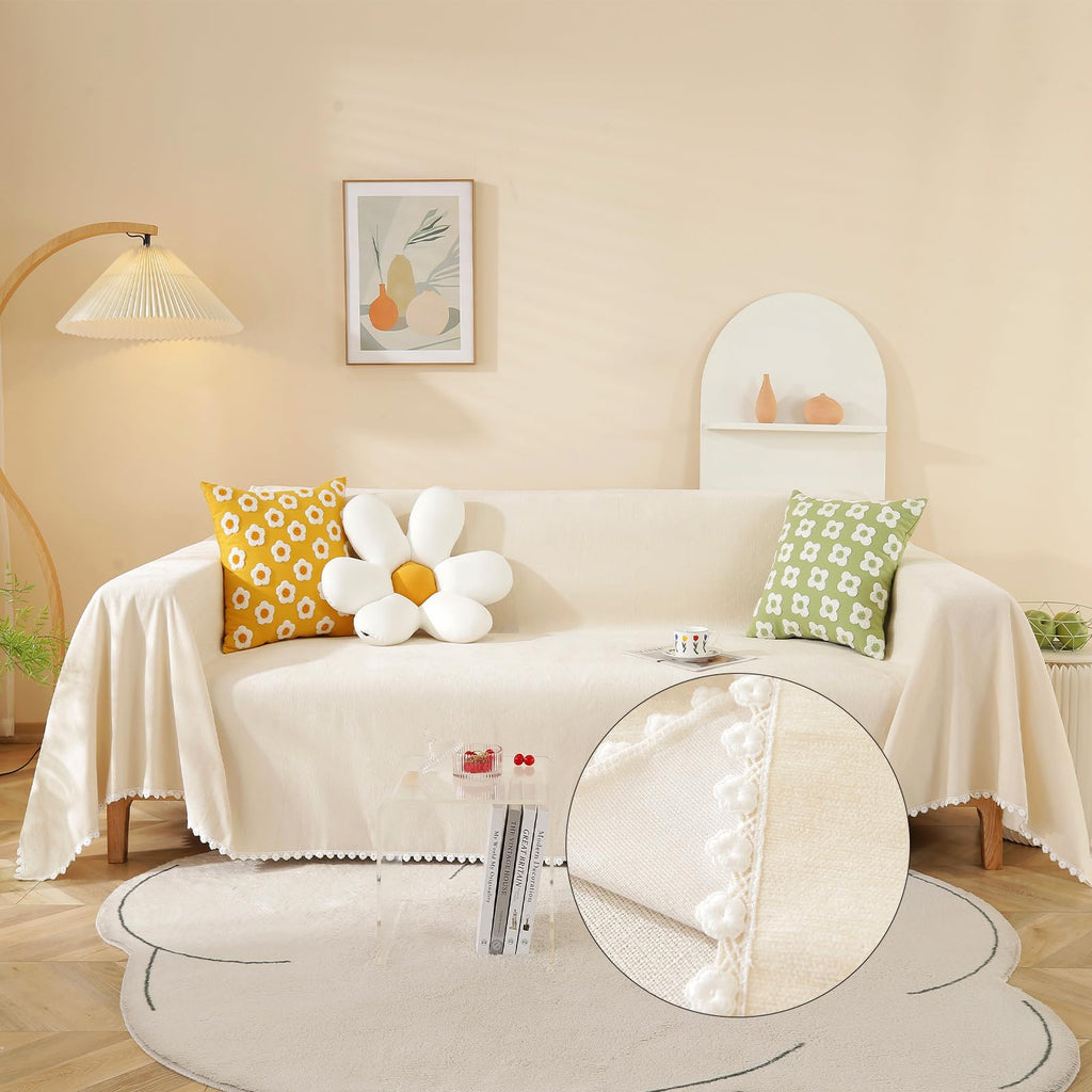 HANDONTIME Beige Couch Covers for 3 Cushion Couch Sofa Cute Sofa Covers with White Daisy Lace Pet Couch Protector Thick Chenille Couch Cover for Dogs Sectional Sofa L Shape Futon, 71" X150"