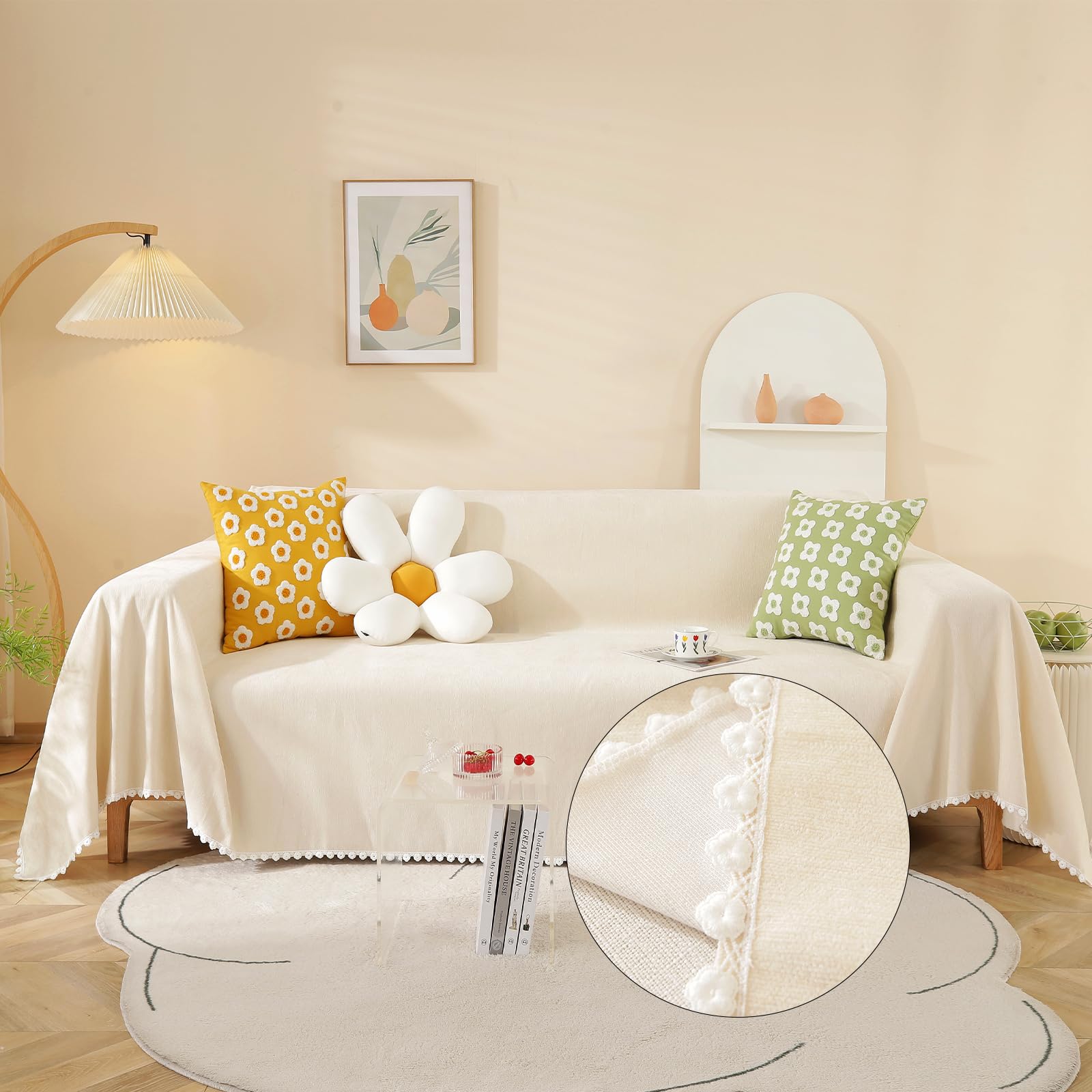 HANDONTIME Beige Couch Covers for 3 Cushion Couch Sofa Cute Sofa Covers with White Daisy Lace Pet Couch Protector Thick Chenille Couch Cover for Dogs Sectional Sofa L Shape Futon, 71" X150"