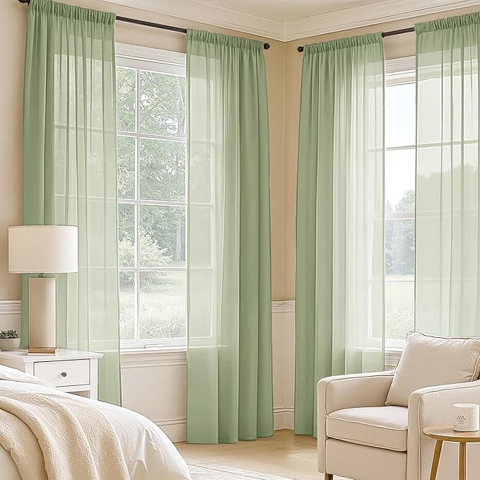 MIULEE Sage Green Sheer Curtains 63 Inches Long, 4 Panels Set, Light Filtering Rod Pocket Voile Drapes Window Treatments, Semi Transparent Airy Fabric for Bedroom and Living Room, 42 x 63 Inches
