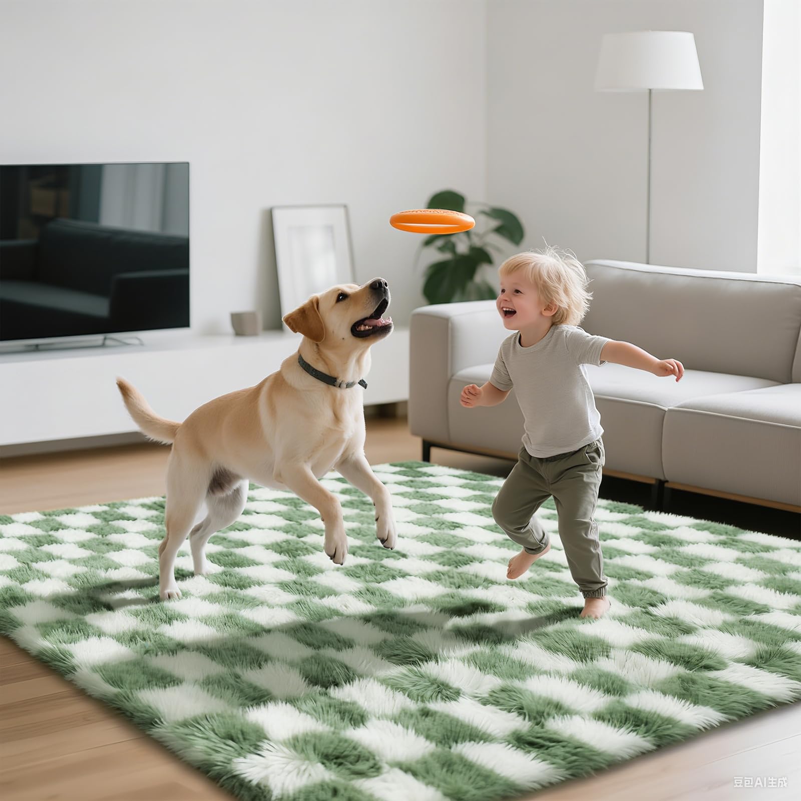 Area Rugs for Bedroom Living Room,4x6 Green and White Fluffy Soft Checkered Rug Fuzzy Shag Shaggy Carpet,Indoor Plush Floor Rugs for Teen Dorm Home Decor