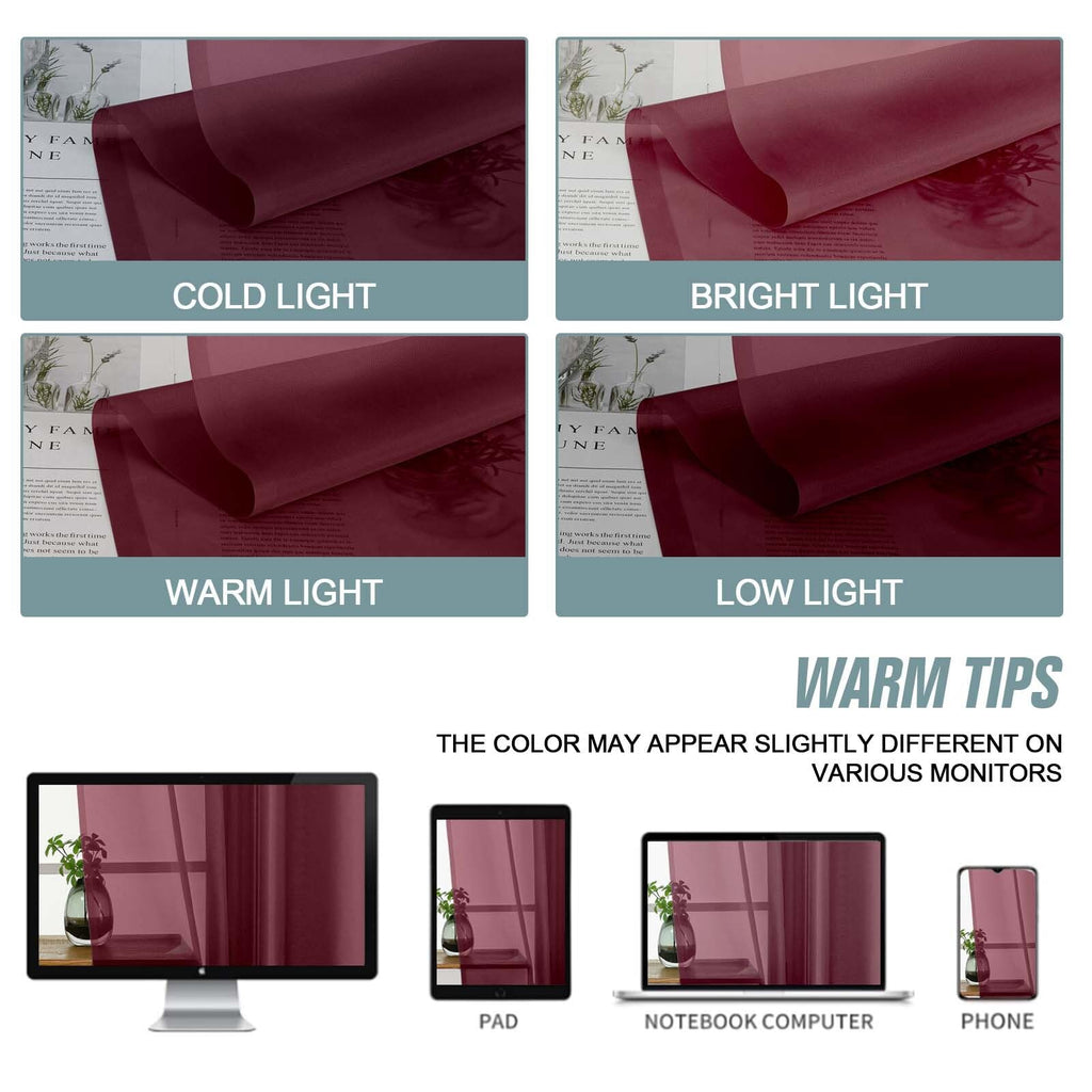 Ebesto Burgundy Sheer Curtains 120 Inches Long 2 Panels, Extra Long Light Filtering Modern Window Curtains for Sliding Glass Door, Rod Pocket Voile Drapes for Living Room Bedroom, 2x42Wx120L Inches