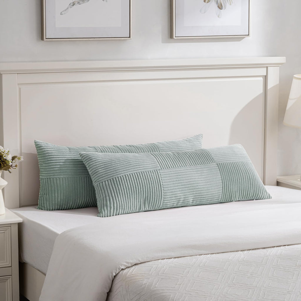 Fancy Homi Set of 2 Burnt Orange Boho Long Lumbar Body Decorative Throw Pillow Cover 14x36 Inch for Bed Couch Bedroom Bench, Soft Patchwork Corduroy Textured Pillow Case, Rustic Farmhouse Room Décor