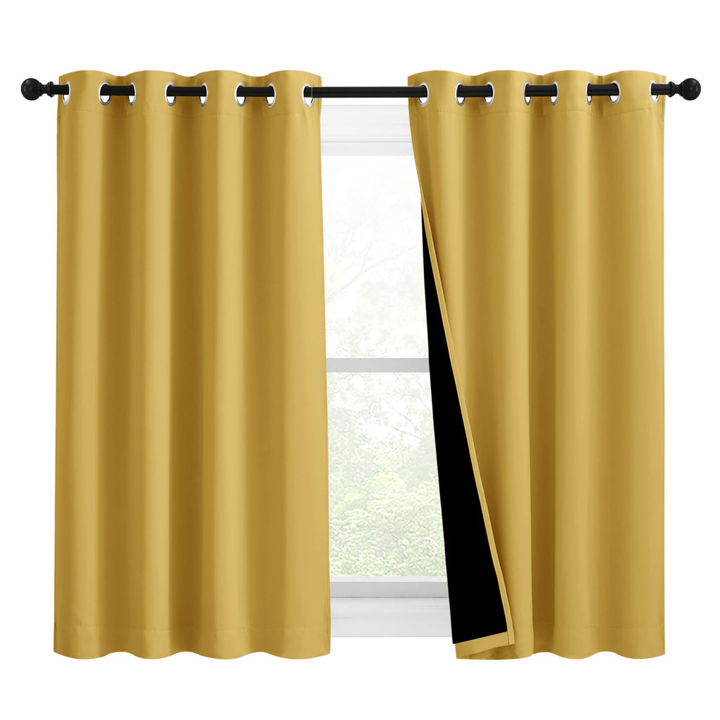 NICETOWN 100% Blackout Curtains with Black Liners, Solid Thermal Insulated Full Blackout 2-Layer Lined Drapes, Energy Efficiency Window Draperies for Bedroom (2 Panels, 46" W by 54" L, Bright Yellow)