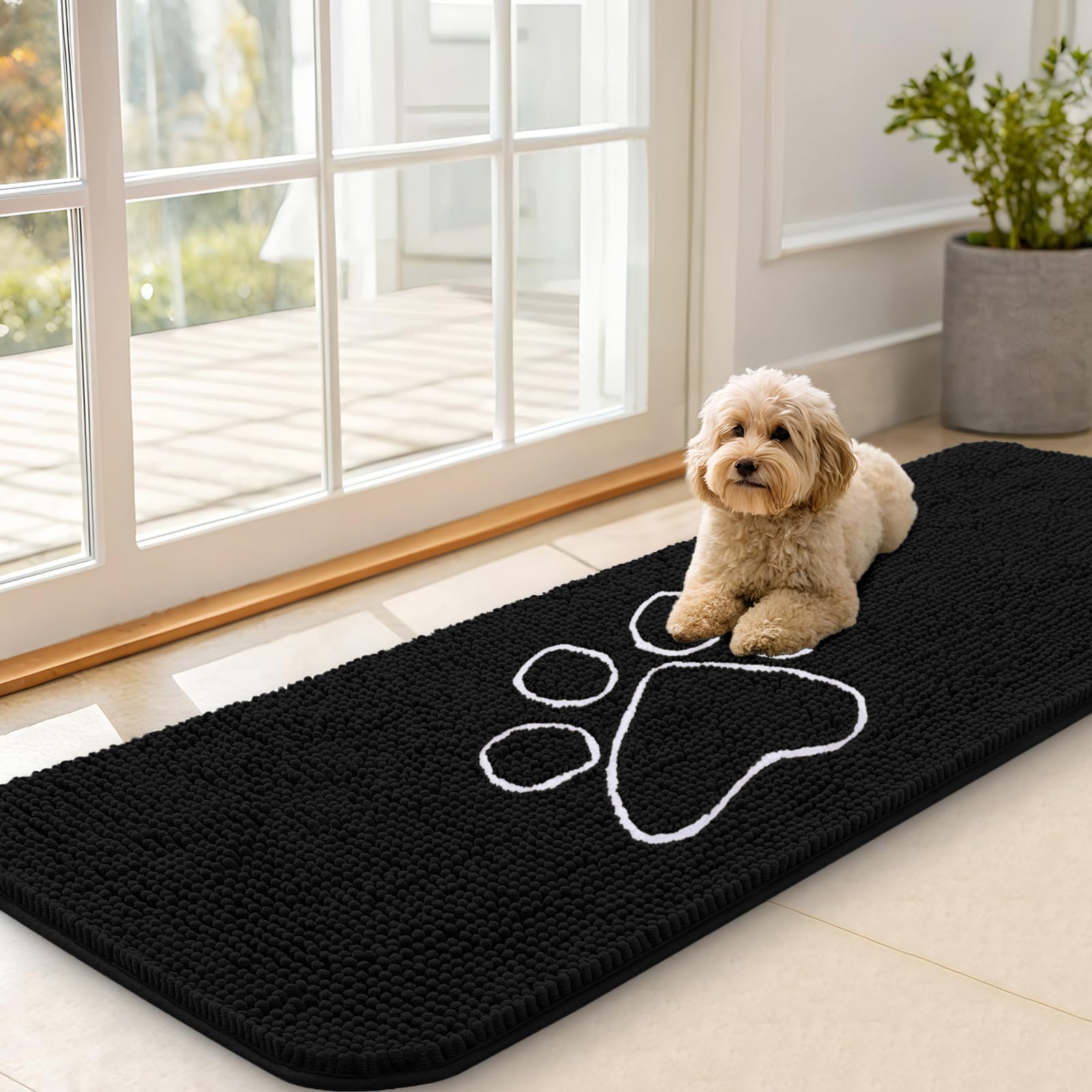 OLANLY Dog Door Mat for Muddy Paws 59x20, Paw Print Design Chenille Mud Mat