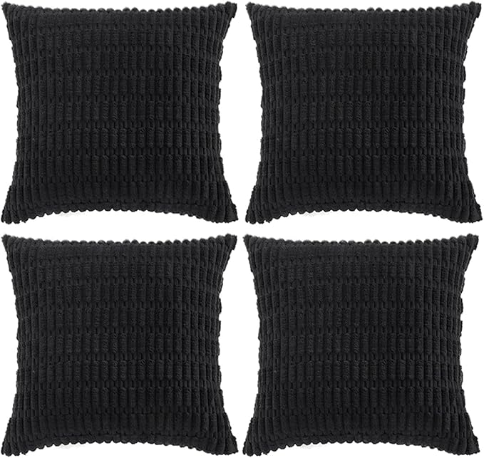 Fancy Homi 4 Packs Boho Black Decorative Throw Pillow Covers 14x14 Inch for Living Room Couch Bed Sofa, Rustic Modern Farmhouse Home Decor, Soft Plush Corduroy Cute Square Cushion Case 35x35 cm