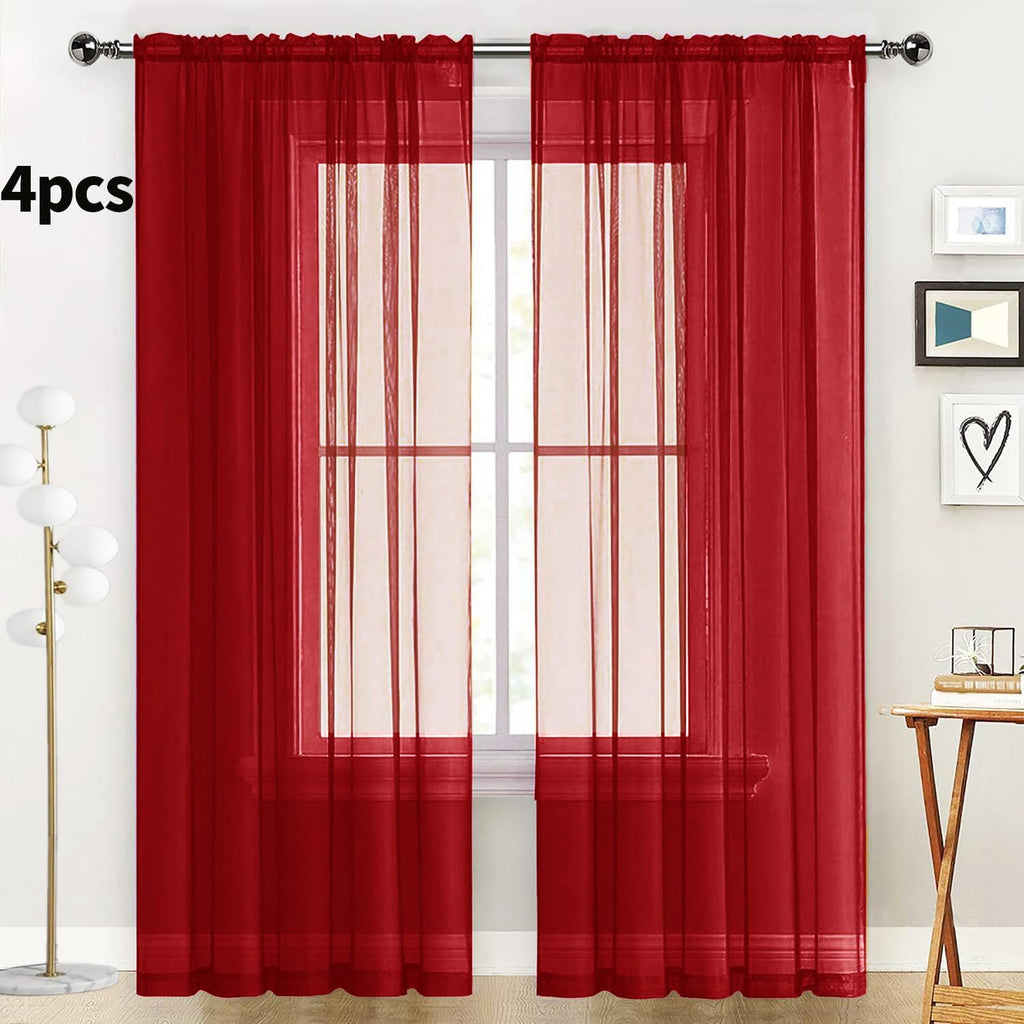 SpaceDresser Christmas Red Sheer Curtains 4 Panels Rod Pocket Semi-Sheer Curtain 90 Inches Long Light Filtering Voile Window Drapes for Bedroom Living Room Kitchen, Each 52W x 90L