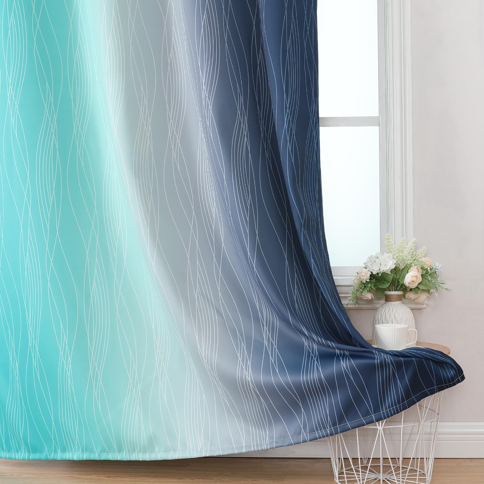Navy Blue and Teal Gradient Blackout Curtains for Living Room 84 Inch Long