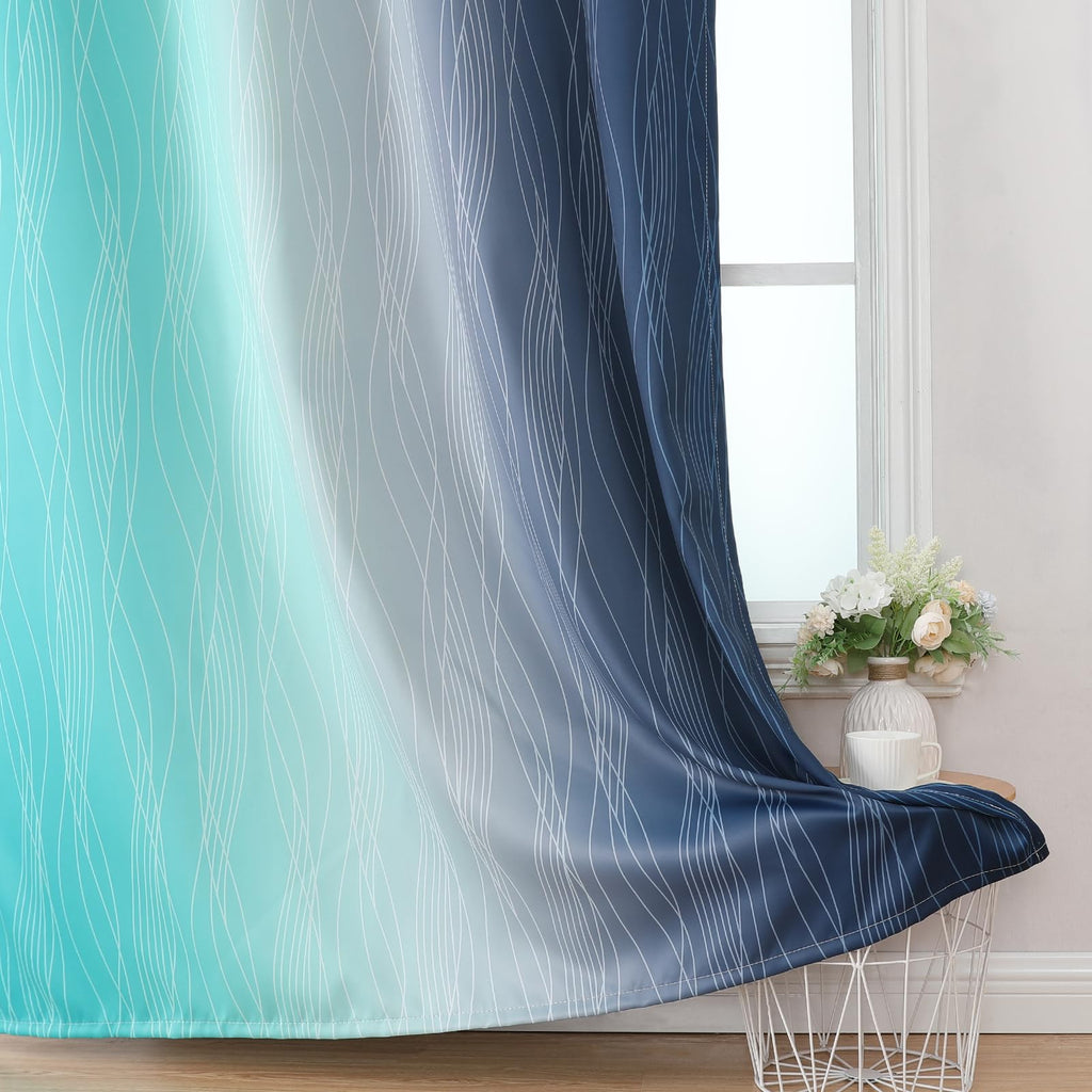 Navy Blue and Teal Gradient Blackout Curtains for Living Room 84 Inch Long