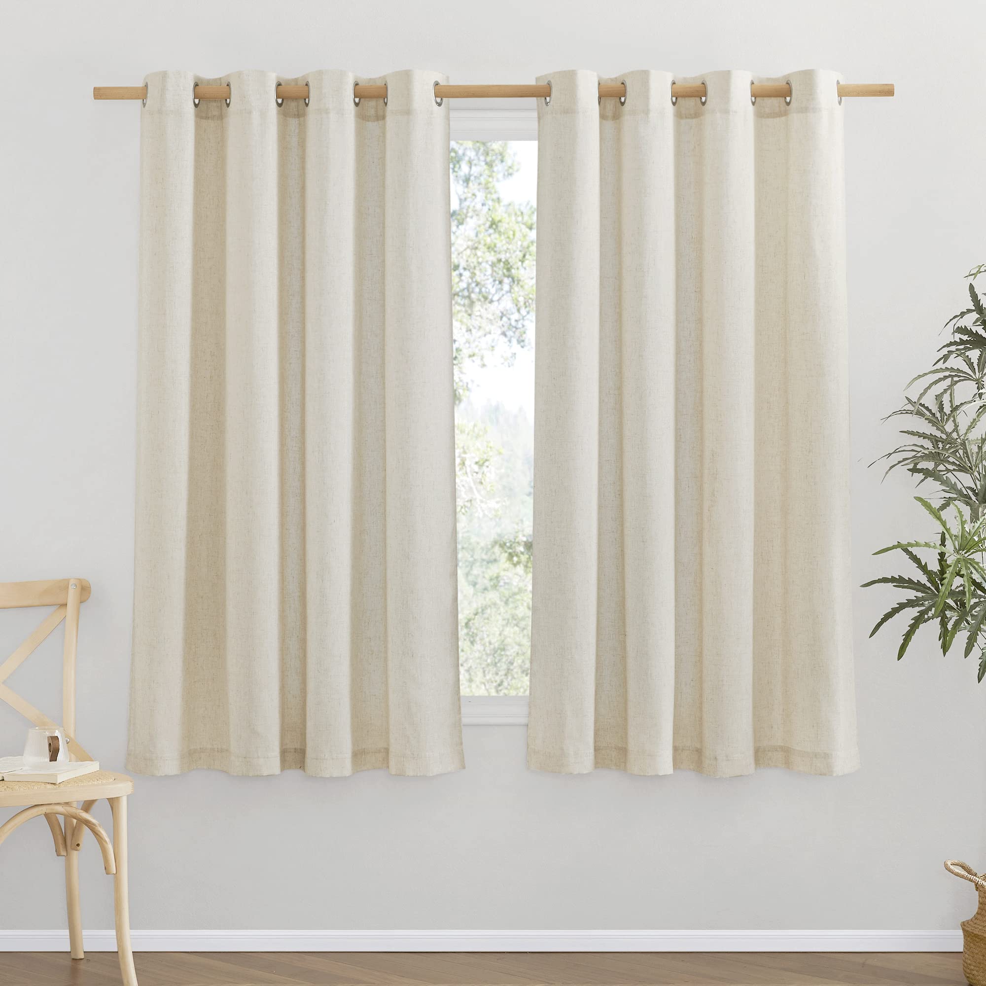 NICETOWN Natural Linen Curtains Flax Texture for Bedroom, Rustic Grommet Top Linen Blend Semi Sheer Privacy Added Window Treatments Light Filtering for Living Room, 55" W x 63" L, Set of 2