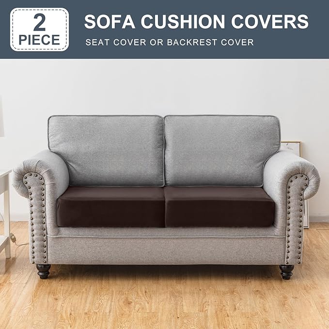 Taque Couch Cover Stretch Velvet Sofa Cushion Cover 2-Piece - Elastic Washable Slipcover for Seat or Backrest, Couch Seat Covers for Sofas (Coffee)