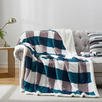 PU MEI Sherpa Blanket Twin Plaid Thick Bed Blanket, 90”*80” Super Soft Flannel Fuzzy Fleece Reversible Velvet Plush Warm Blanket for Couch (Teal Check, 80"*90")