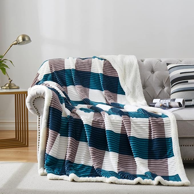 PU MEI Sherpa Blanket Twin Plaid Thick Bed Blanket, 90”*80” Super Soft Flannel Fuzzy Fleece Reversible Velvet Plush Warm Blanket for Couch (Teal Check, 80"*90")