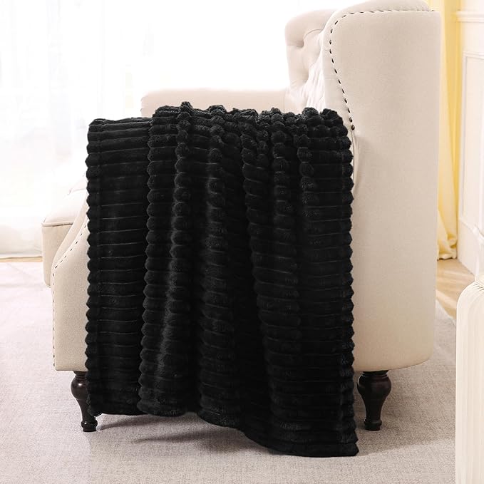 Black Fleece Throw Blanket 108”×90” for Couch Sofa Bed,Super Soft Cozy Plush Microfiber Flannel Blanket with Stripes Design Lightweight for Adults,Woman,Girls