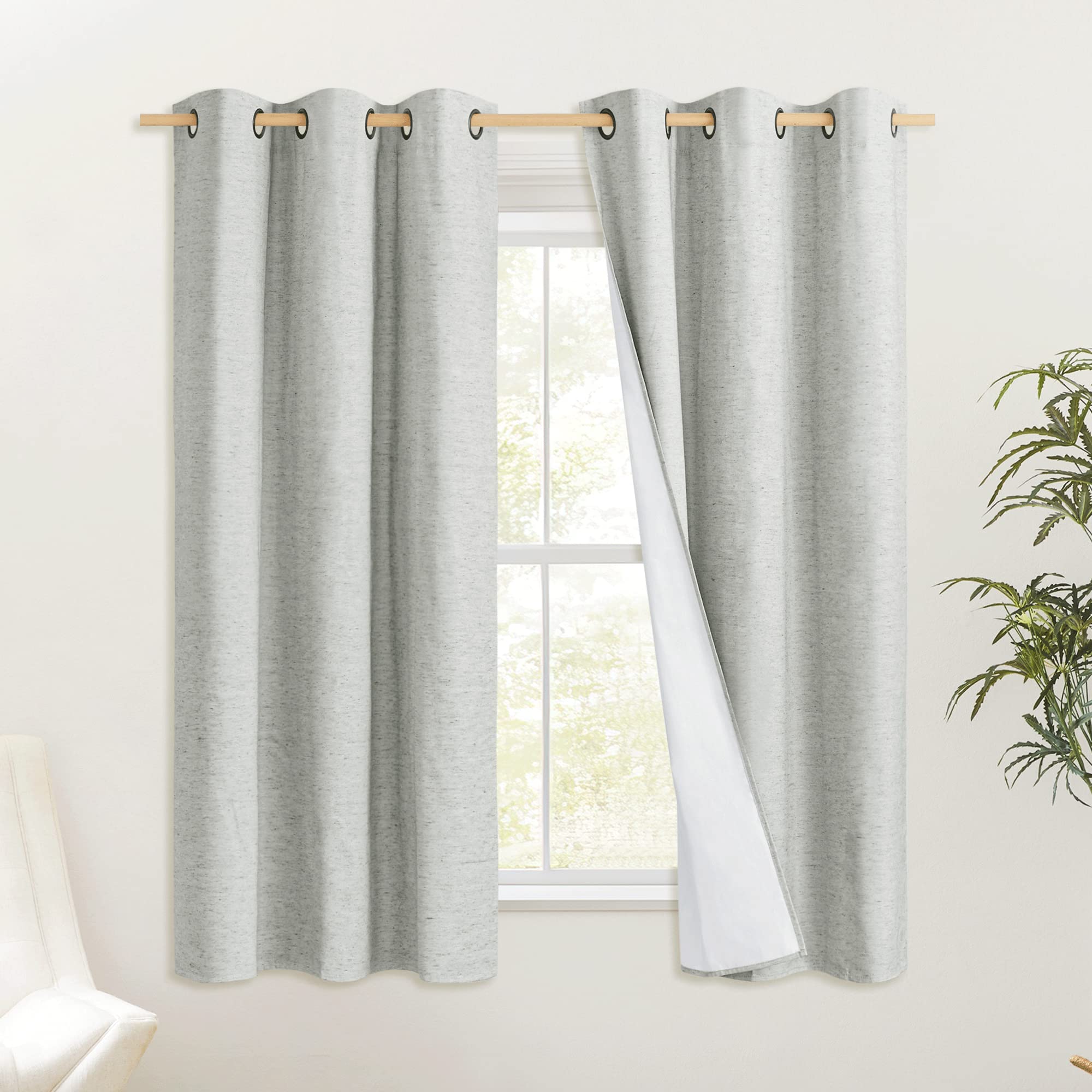NICETOWN Grey 100% Blackout Curtain Panels, Set of 2, 34" Wide by 60" Long, Thermal Insulated White Thermal Insulated Liner Drapes for Nursery, Noise Reducing and Heat Blocking Drapes for Windows