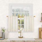 LAMIT Short Kitchen Linen Curtains 24 Inch Length for Small Windows, Cream Ivory Semi Sheer Light Filtering Panels Back Tab and Rod Pocket Cafe Drapes for Half Window, 2 Panels, 25 x 24 Inch