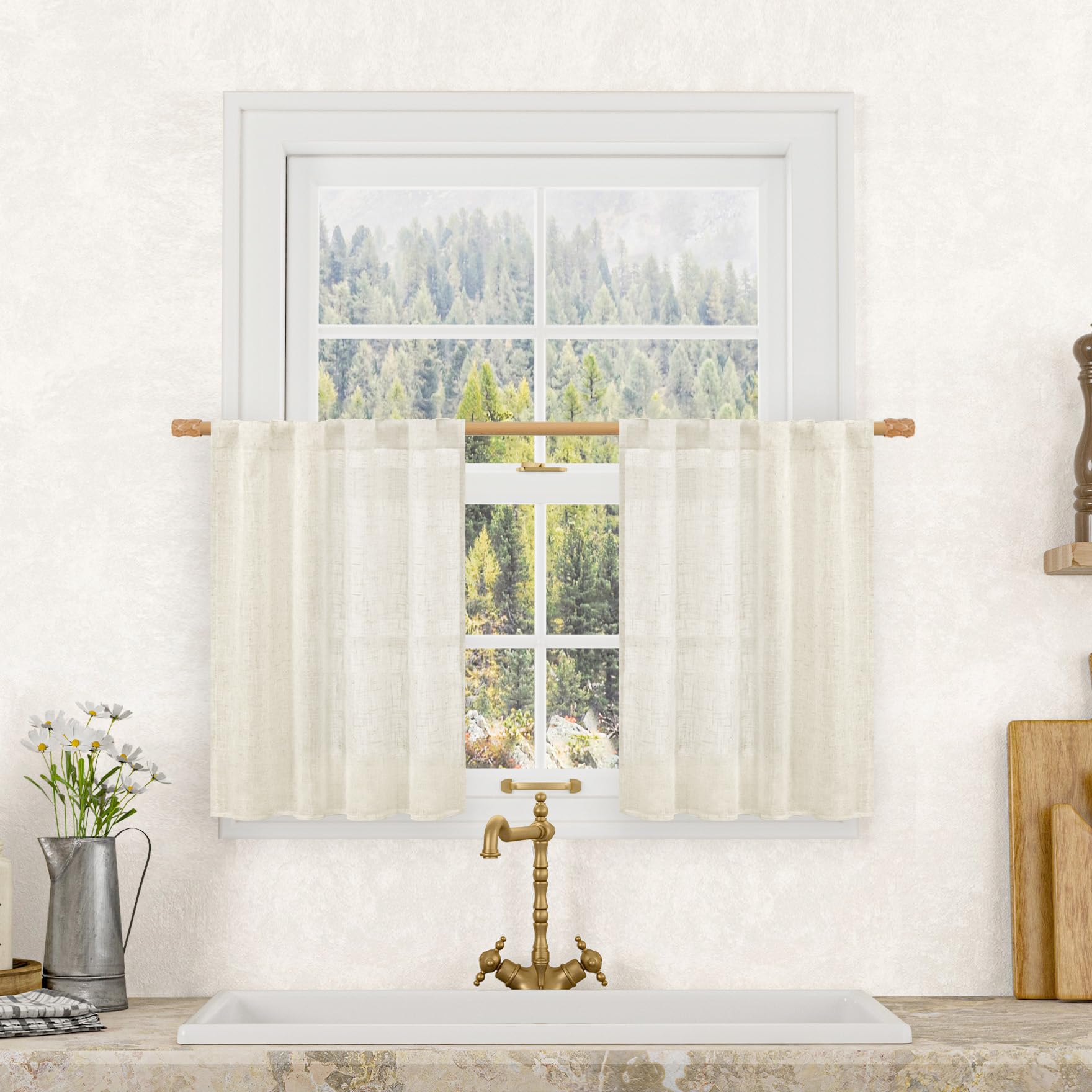 LAMIT Short Kitchen Linen Curtains 24 Inch Length for Small Windows