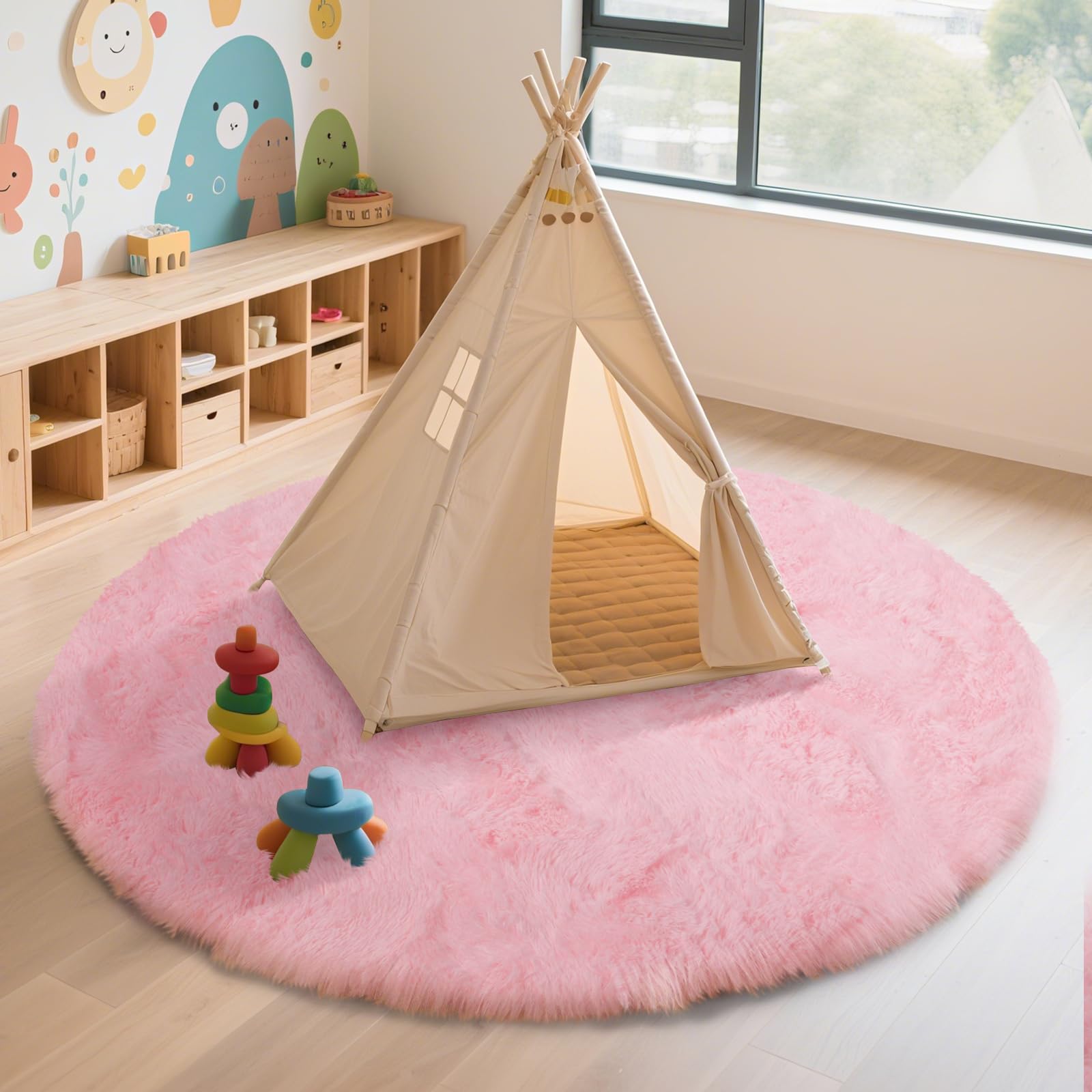 Pink Fluffy Round Area Rugs for Bedroom,3ft Shag Circle Small Area Rugs
