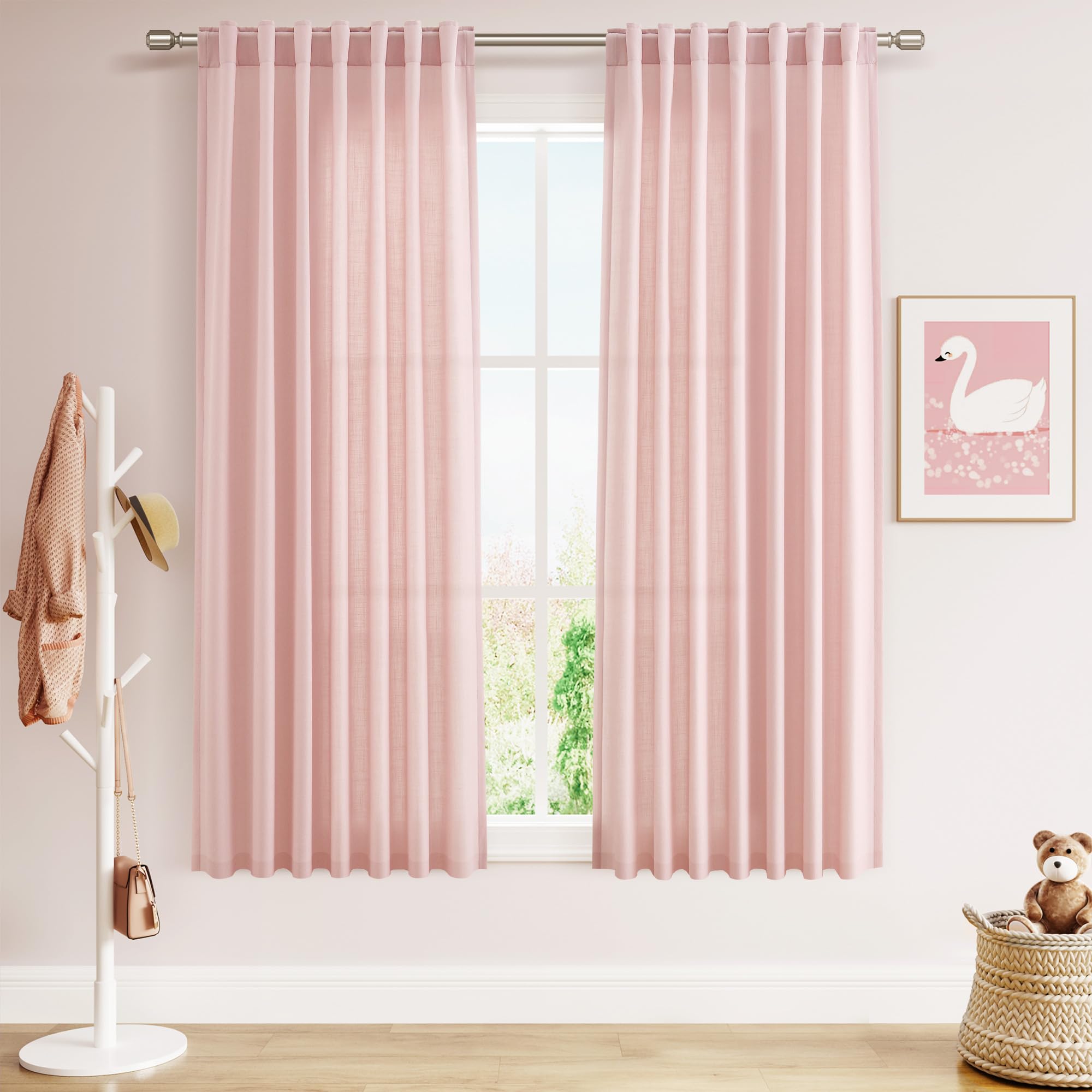 Nanspring Mist Sage Linen Curtains Semi Sheer 96 Inches Long 2 Panels Set for Living Room Back Tab Rod Pocket Light Filtering Drape for Bedroom Modern Farmhouse Coastal Decor Protect Privacy 52x96 — 기타