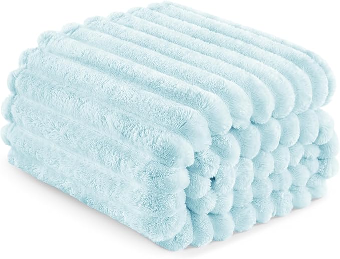 Exclusivo Mezcla Fleece Throw Blanket for Couch, Super Soft Striped Jacquard Bed Blanket, Lightweight Fuzzy Cozy for All Seasons, 50x60 Inches, Light Blue