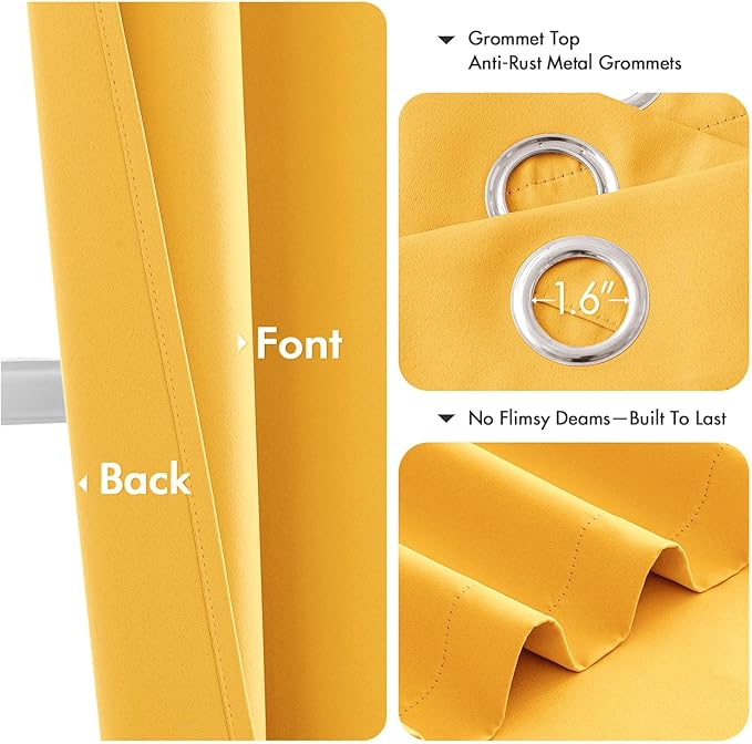 MIULEE Yellow Blackout Curtains for Bedroom Living Room 72 Inches Long 2 Panels, Thermal Insulated Room Darkening Drapes Solid Grommet Noise Reduction Light Blocking Window Treatments 40x72 inch