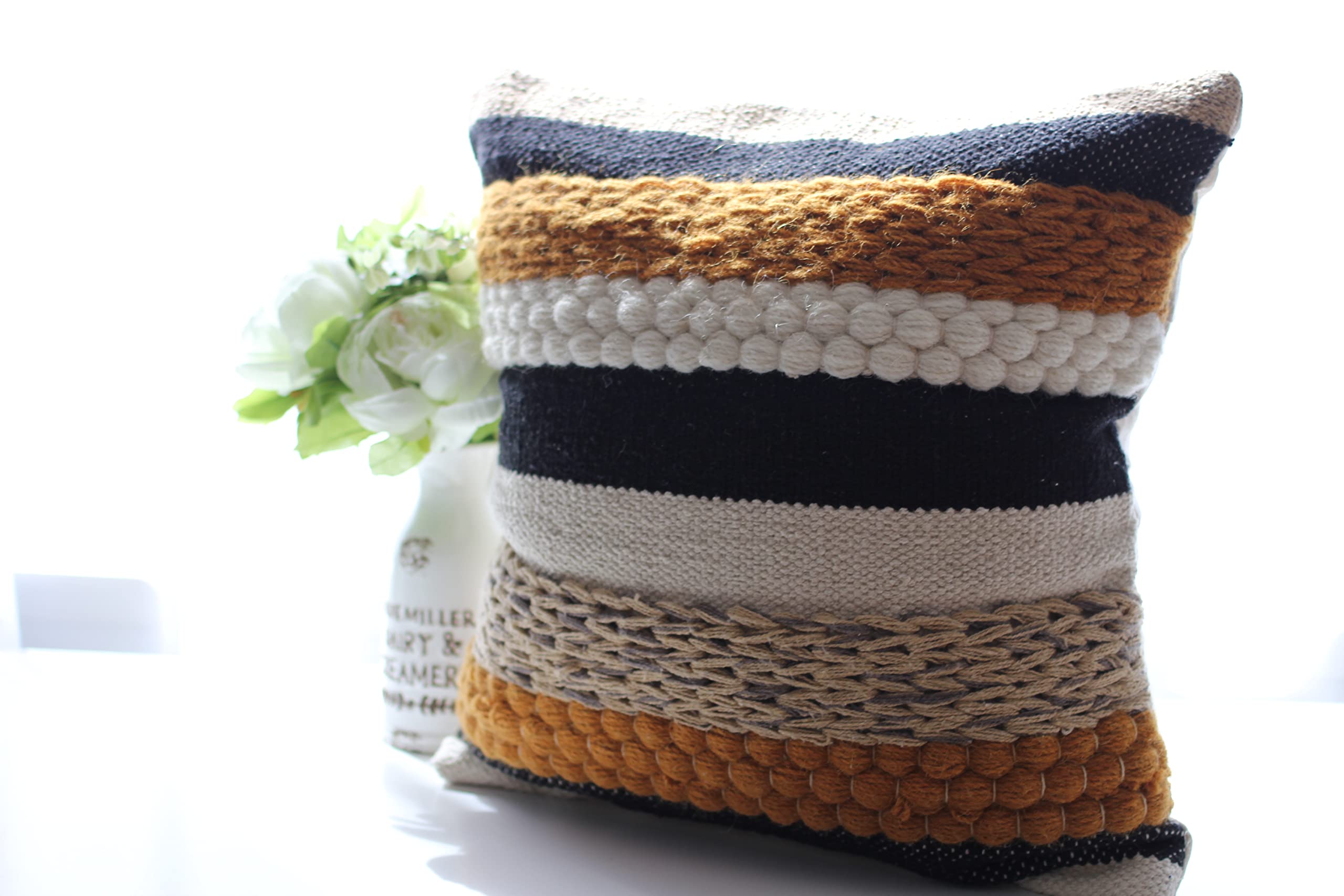 Decorative Boho Pillow Cover, 18” x 18” Square, Soft Moroccan Rustic Throw with Tufted Accents, Plush Handwoven Cotton, Neutral Farmhouse Home Decor | Made with Love and Care in India (Terracotta)