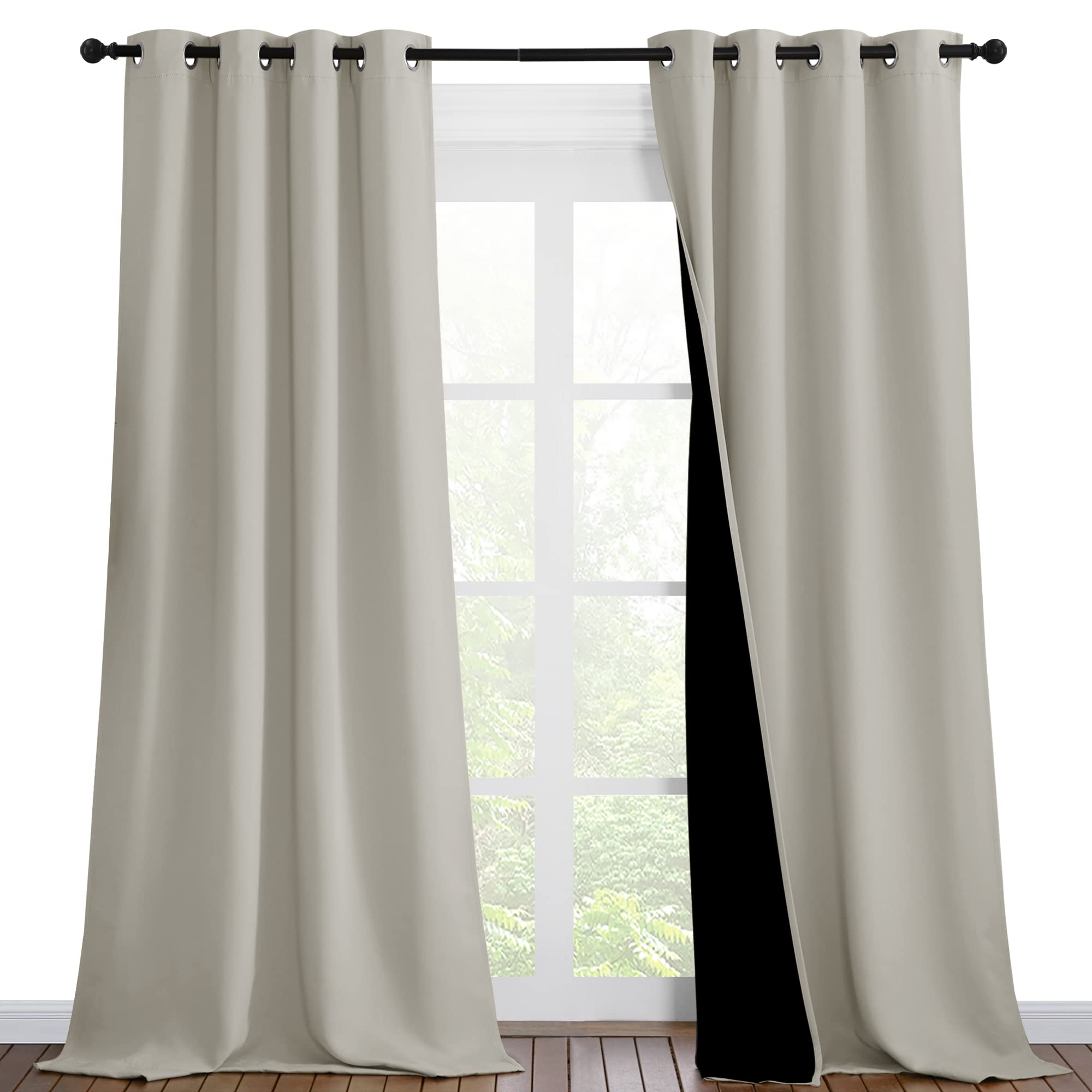 NICETOWN Natural Blackout Curtains 90 inches Long, Full Light Blocking Drapes with Black Liner for Nursery, Thermal Insulated Draperies for Hall, Villa (2 Pieces, 46" Wide Each Panel)