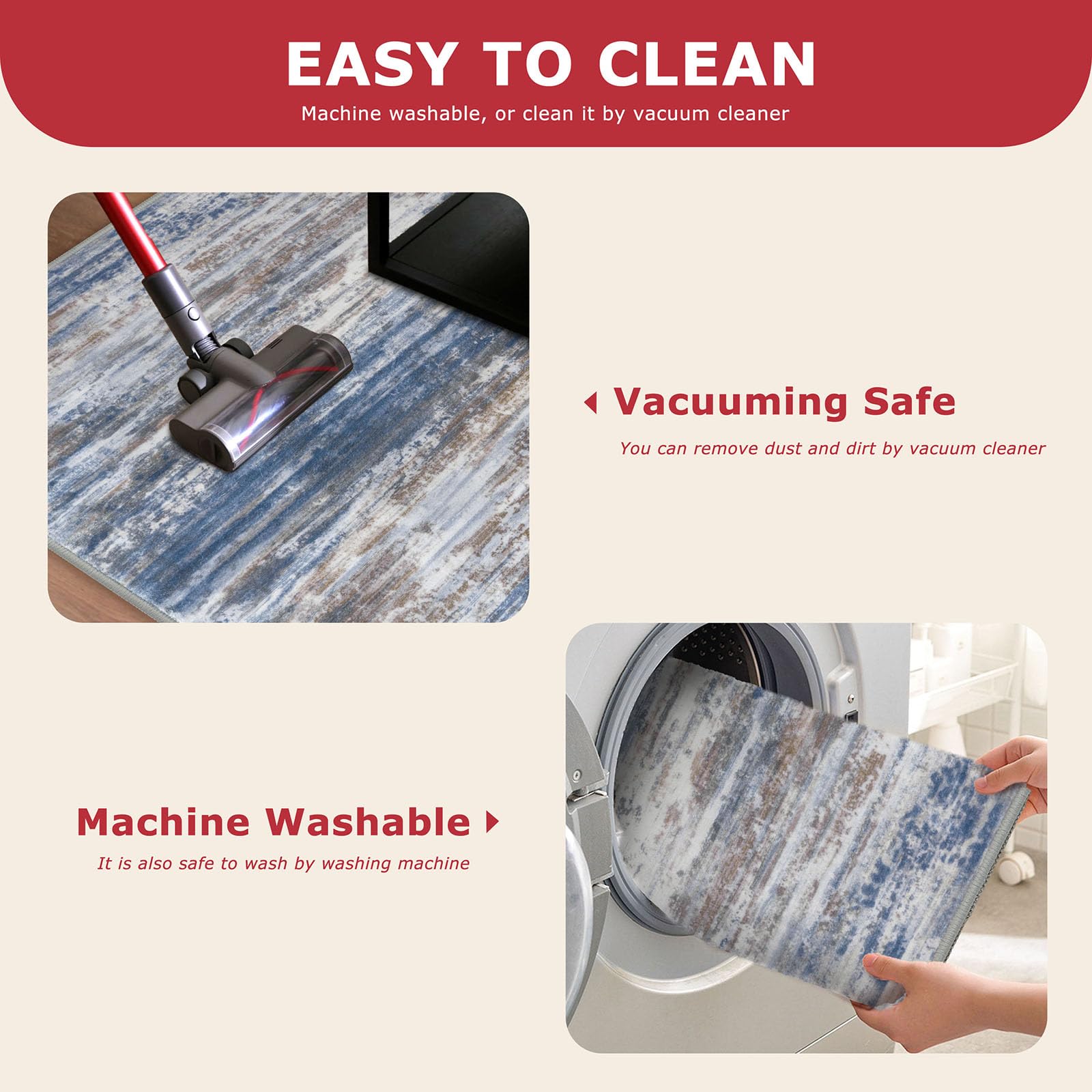 KOZYFLY Modern Abstract Washable Runner Rug 2.6x20 Hallway Runners Non-Slip Soft Kitchen Runner Rugs, Blue Rust 20 Foot Carpet Runner for Stair Entryway Bathroom Laundry Room Foyer