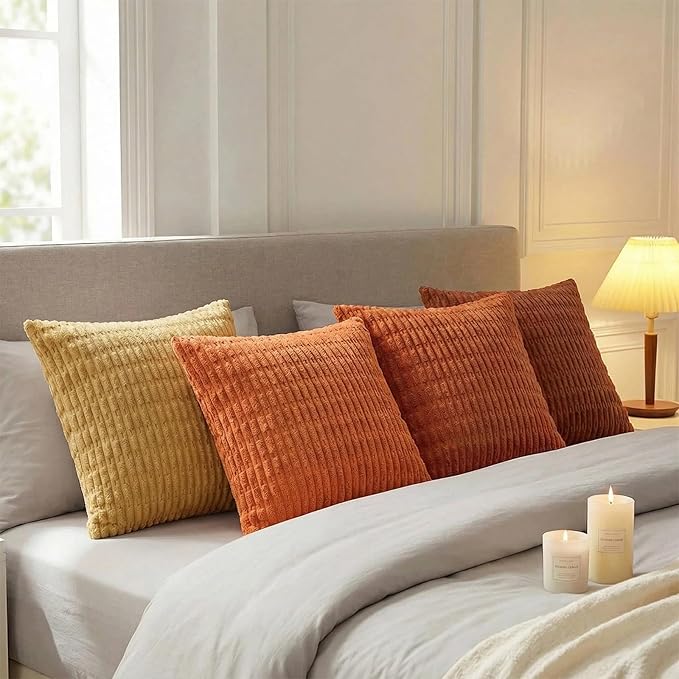 Fancy Homi Set of 4 Burnt Orange Fall Decorative Throw Pillow Covers 18x18 Inch for Couch Bed Chair, Modern Farmhouse Boho Room Decor, Soft Fuzzy Corduroy Textured Striped Cushion Case 45cm