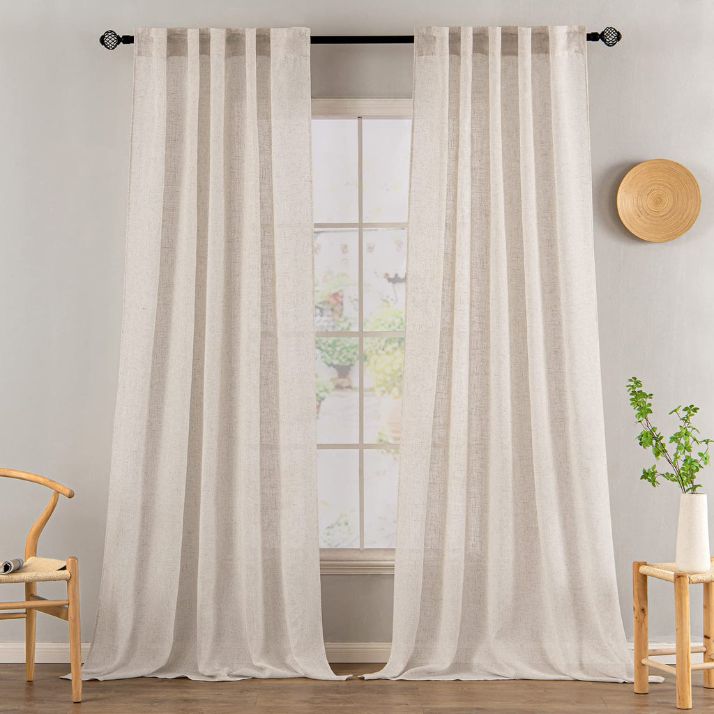 MIULEE Natural White Linen Curtains 95 Inch Length 2 Panels for Bedroom