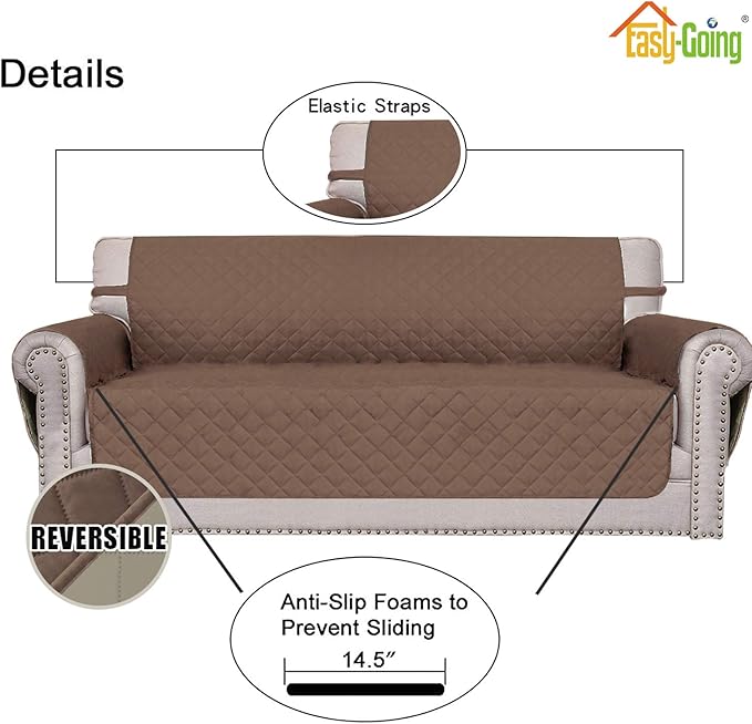 Easy-Going Reversible Loveseat Couch Cover for 2 Cushion Couch Sofa Cover for Dogs Water Resistant Furniture Protector with Foam Sticks Elastic Straps for Pet (Loveseat, Brown/Beige)