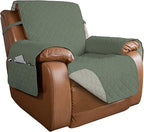 PureFit Reversible Quilted Sofa Cover, Water Resistant Slipcover Furniture Protector, Washable Couch Cover with Non Slip and Elastic Straps for Kids, Dogs (Oversized Recliner, Greyish Green/Beige)