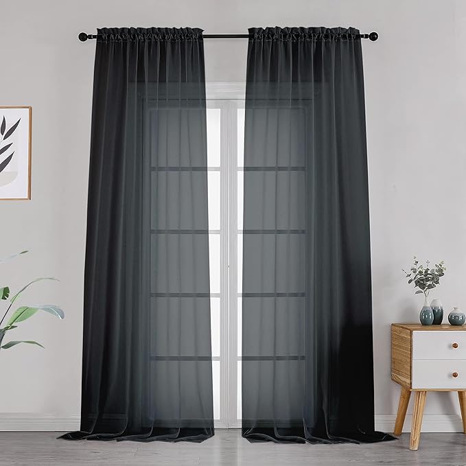 OVZME Black Sheer Curtains Dark Color Curtain Panels for Living Room, Light Reducing Sheer Curtains 108 inch Length 2 Panels Set Rod Pocket Window Panels
