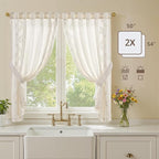 jinchan Belrose Linen Floral Cafe Curtains 54 Inch Length Embroidered Farmhouse Curtains for Kitchen Bedroom Bathroom Small Windows Curtain Set Light Filtering 2 Panels White