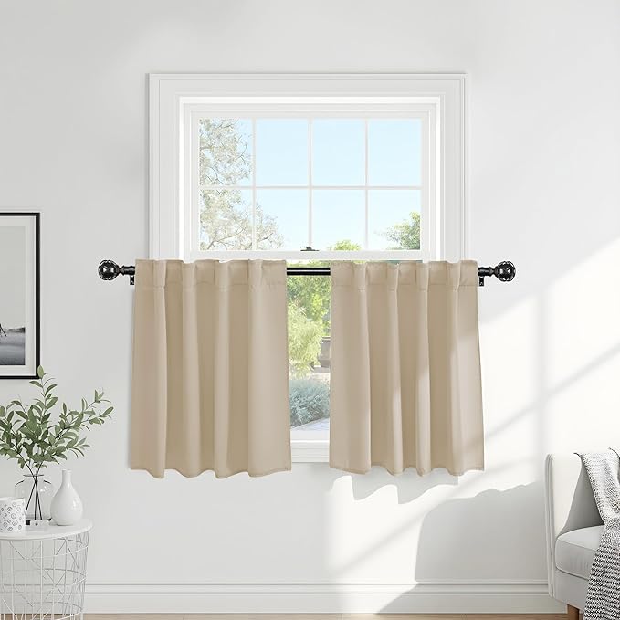 PONY DANCE Thermal Insulated Small Window Curtains Short Drapes for Nursery Bathroom Kitchen Laundry RV Basement, 29 inch Wide by 24 in Long, Biscotti Beige, 2 Panels