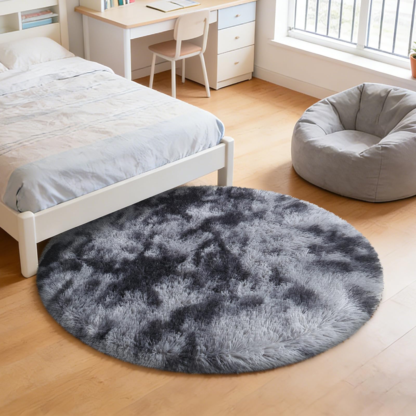 Tie-Dyed Black Fluffy Round Rug,Small Area Rugs,Shaggy Rugs 3'X3'
