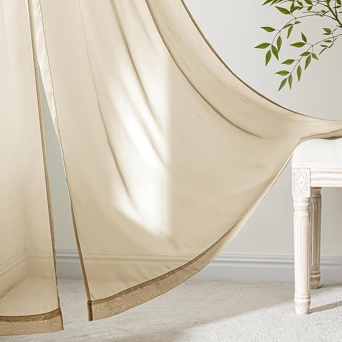 MIULEE Beige Sheer Curtains 96 Inches Long, 4 Panels Set, Rod Pocket Voile Drapes Light Filtering and Semi Transparent, Elegant Window Treatments for Bedroom Living Room,54 x 96 Inches