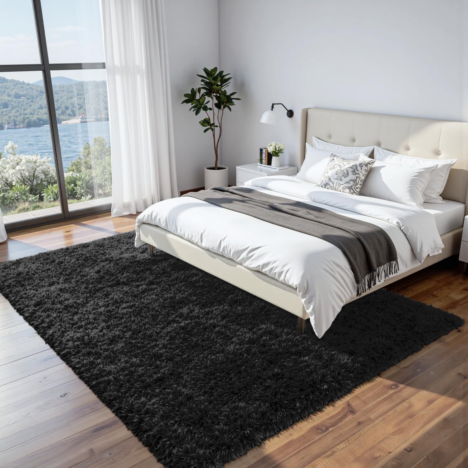 8x10 Fluffy Shag Area Rugs for Living Room Bedroom: Soft Plush Carpet Black
