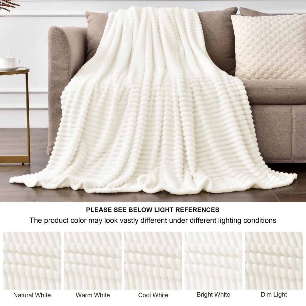 BEDELITE 3D Ribbed Jacquard Cream Blankets Queen Size for Bed, 90x90 Inch