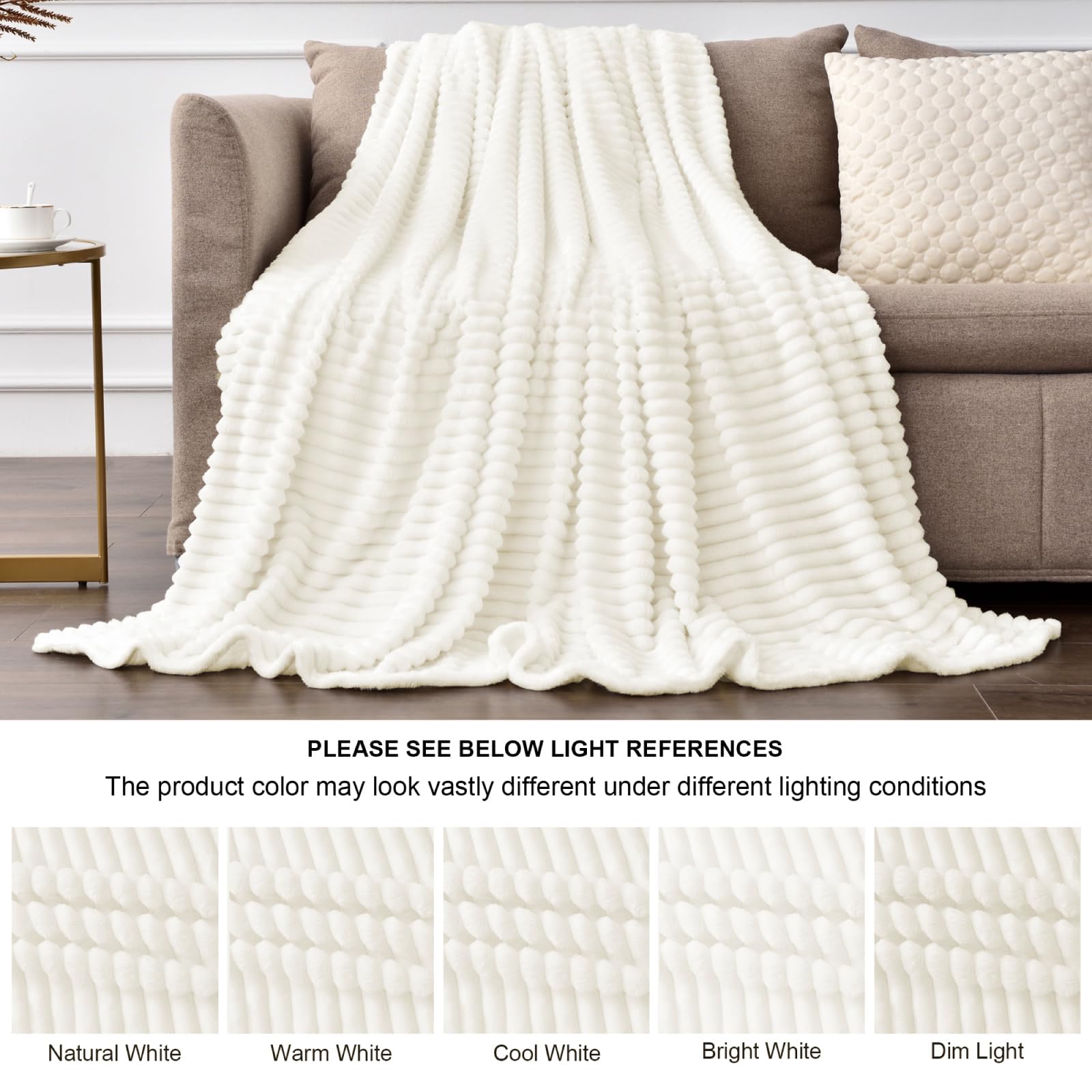 BEDELITE 3D Ribbed Jacquard Cream Blankets Queen Size for Bed, 90x90 Inch