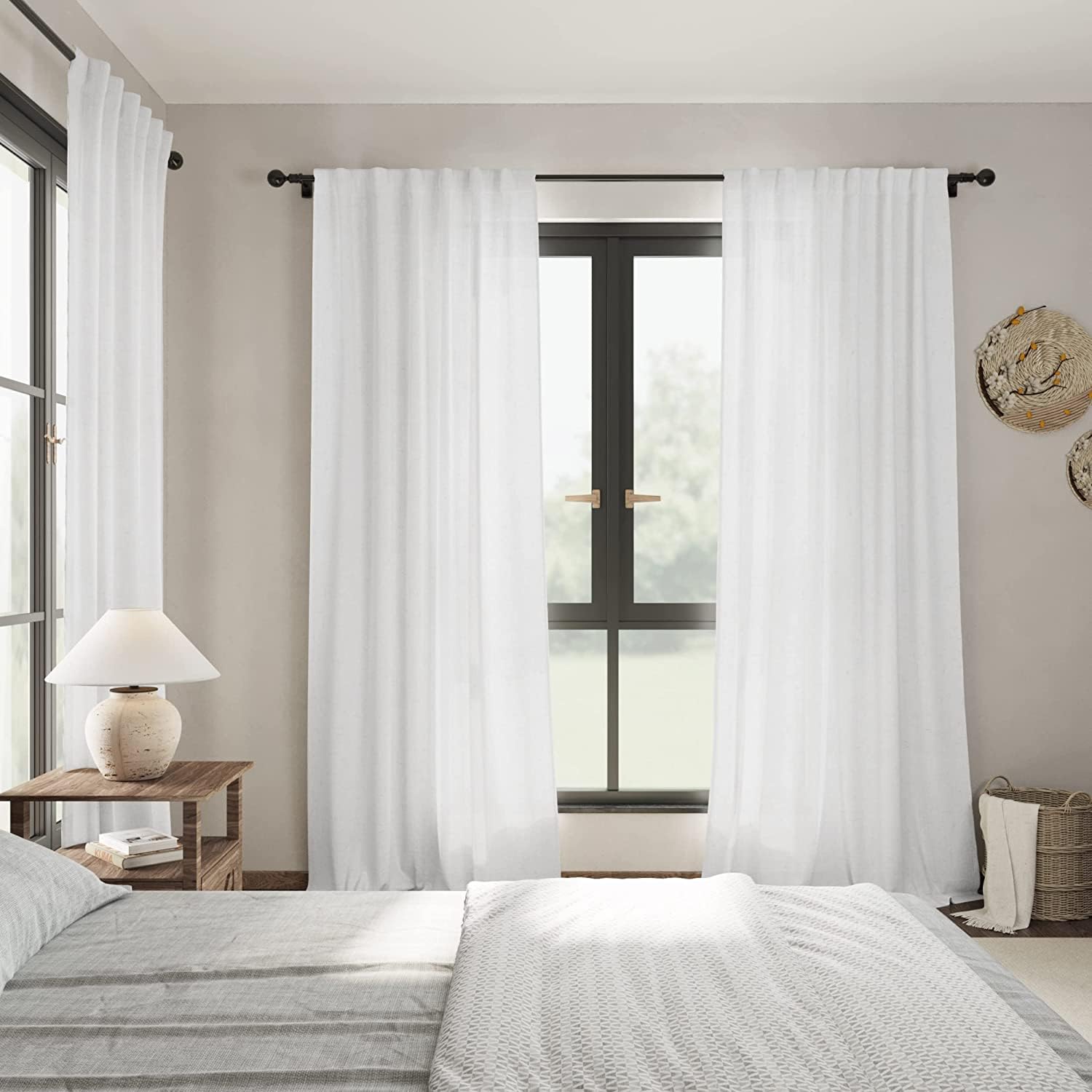 White Linen Curtains 100 inches Long for Bedroom Back Tab Light Filtering Privacy Sheer White Curtains Modern Farmhouse Coastal Decor Off White Cotton Textured Curtain for Living Room 2 Panel Set