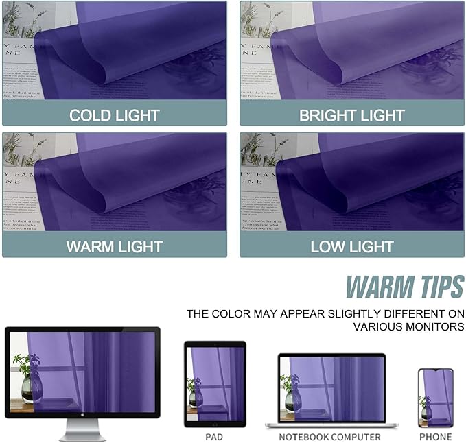 Ebesto Purple Sheer Curtains for Window 72 inches Long 2 Panels Set, Soft Airy Modern Light Filtering Sheer Curtains for Living Room Bedroom, Dual Rod Pocket Solid Window Drapes, 2x42Wx72L inches