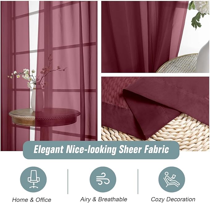 Ebesto Burgundy Sheer Curtains 120 Inches Long 2 Panels, Extra Long Light Filtering Modern Window Curtains for Sliding Glass Door, Rod Pocket Voile Drapes for Living Room Bedroom, 2x42Wx120L Inches