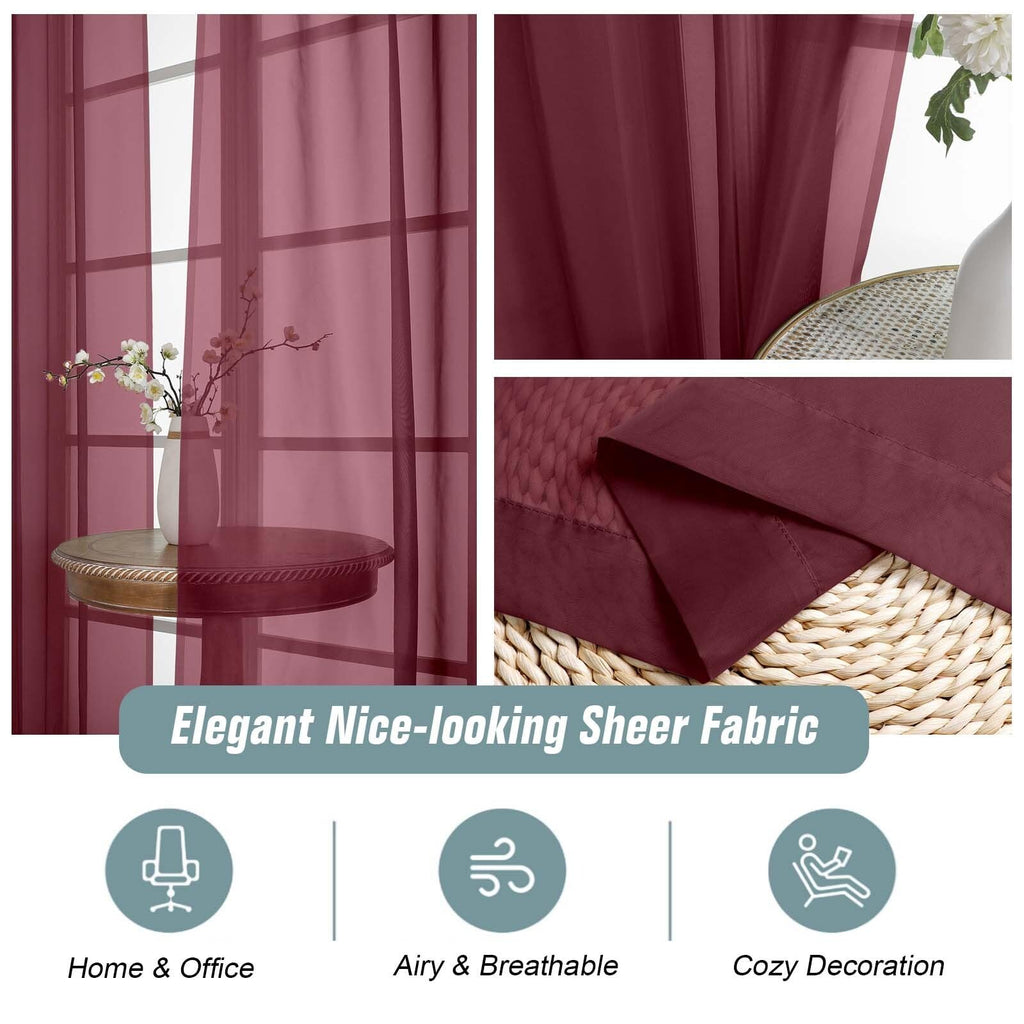 Ebesto Burgundy Sheer Curtains 120 Inches Long 2 Panels, Extra Long Light Filtering Modern Window Curtains for Sliding Glass Door, Rod Pocket Voile Drapes for Living Room Bedroom, 2x42Wx120L Inches