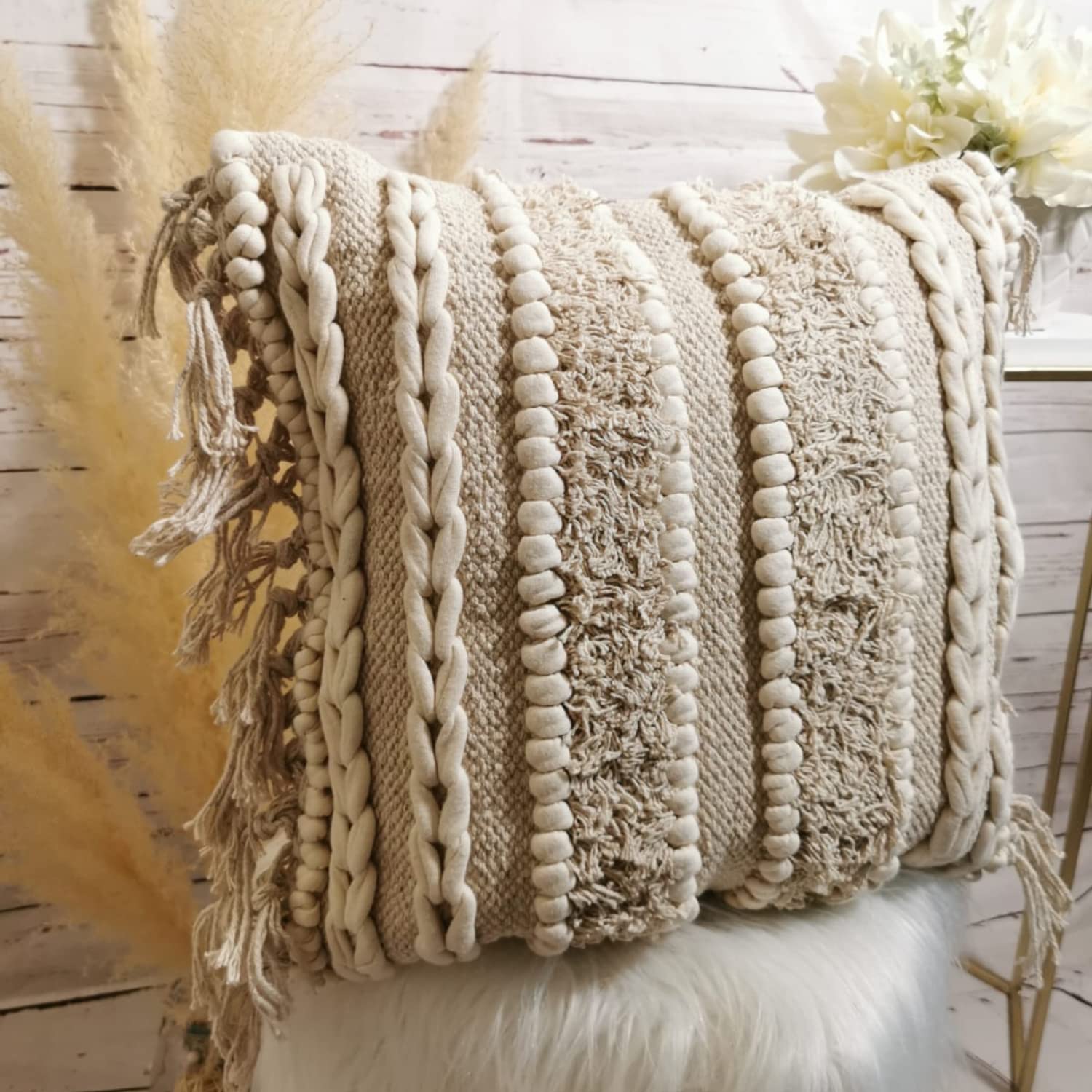 COZYDEKO Throw Boho Pillow Cover, 18”x18” Bohemian Moroccan Rustic Decorative Pillows with Tufted Accents, Plush Handwoven Cotton, Textured Woven Neutral Farmhouse Scandinavian Home Decor (no Insert)