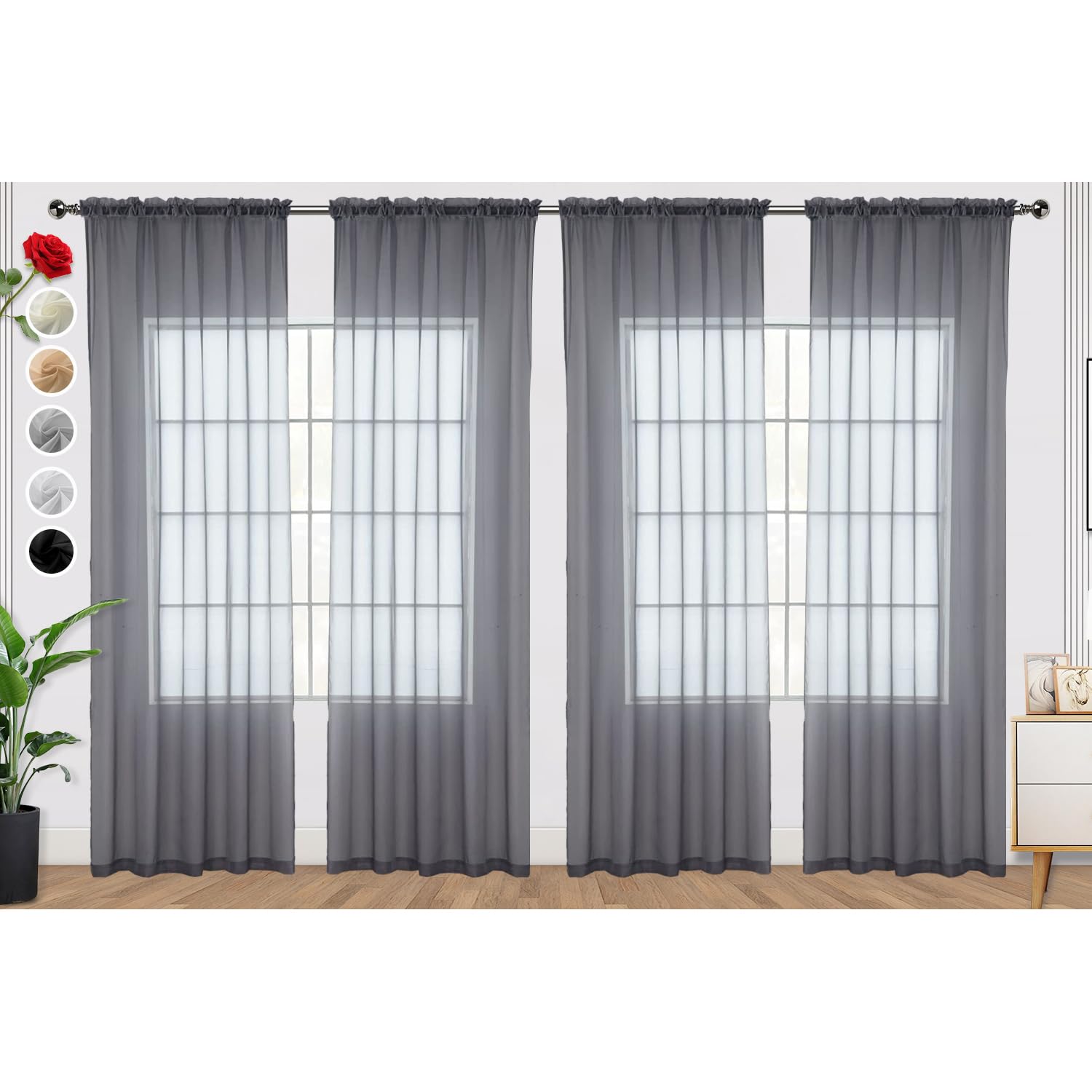 SpaceDresser Grey Sheer Curtains 4 Panels Rod Pocket Semi-Sheer Curtain 72 Inches Long Light Filtering Voile Window Drapes for Bedroom Living Room Kitchen, Each 52W x 72L