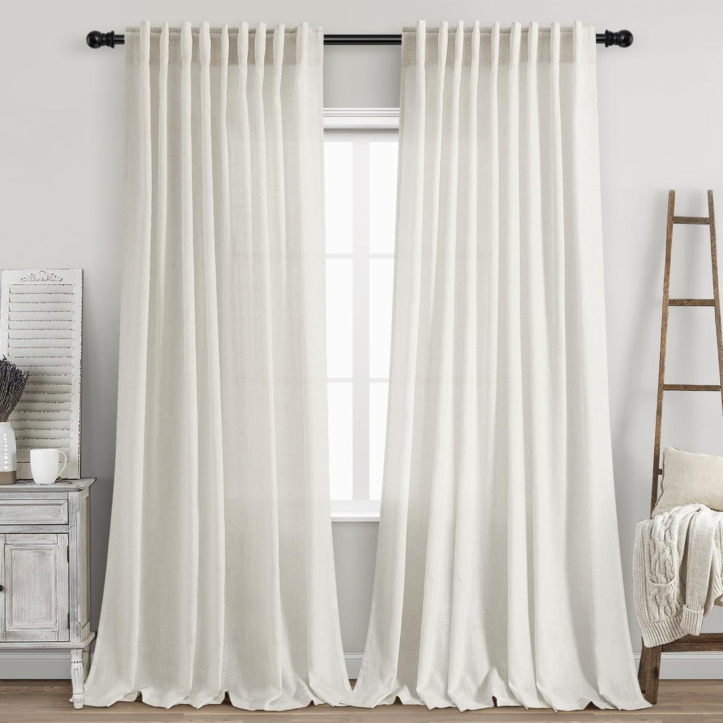 Linen Curtains 96 inches Long for Bedroom Back Tab Light Filtering Privacy Sheer Cream Curtains Modern Farmhouse Coastal Decor Cream Cotton Textured Gauze Curtain 2 Panel Set 70x96