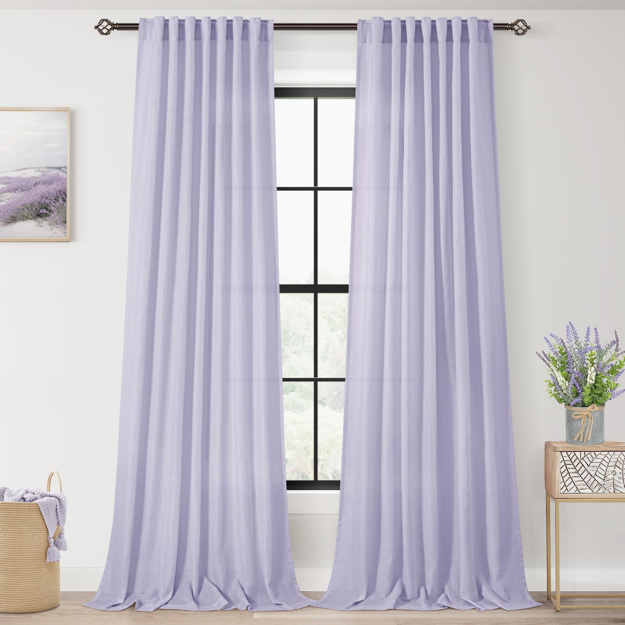 Jolilight Lavender Semi Sheer Linen Purple Curtains 120 Inches Extra Long Ceiling to Floor for Purple Room Decor Back Tab Light Filtering Window Treatment Panels Drapes Luxury Elegant Sheer Violet