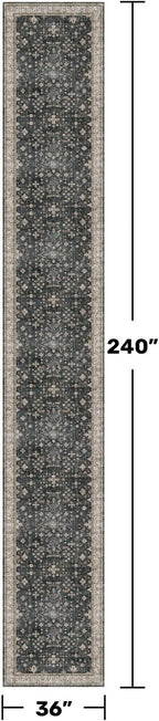 Hazo Haus Black Boho Washable 3x20 Extra Long Runner Rug for Hallway, Waterproof Large Kitchen Floor Rug, Non-Slip Stain & Fade Resistant, Vintage Floral Decor