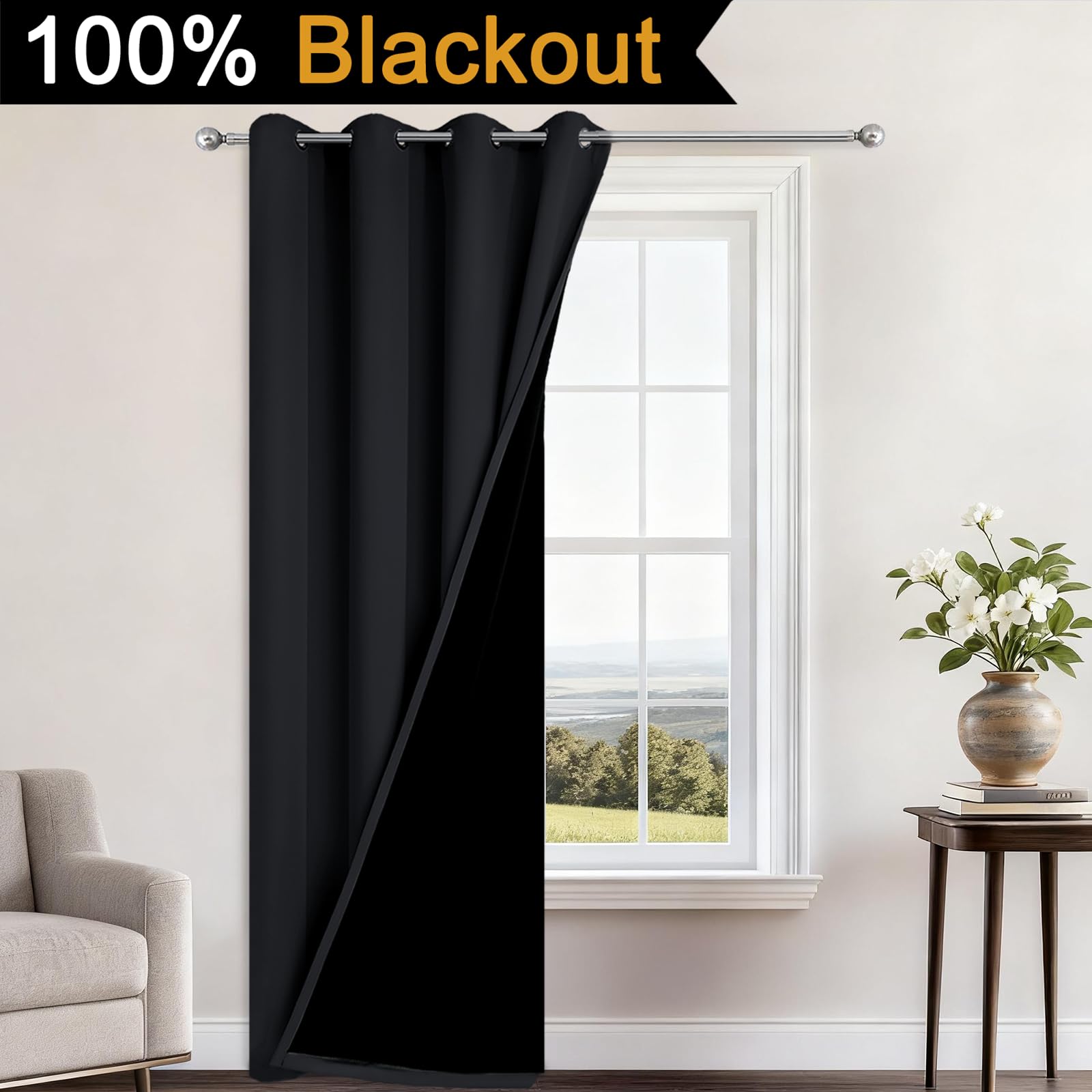 Yakamok Black Blackout Curtains 96 Inches Long for Bedroom 52" Wide 1 Panel