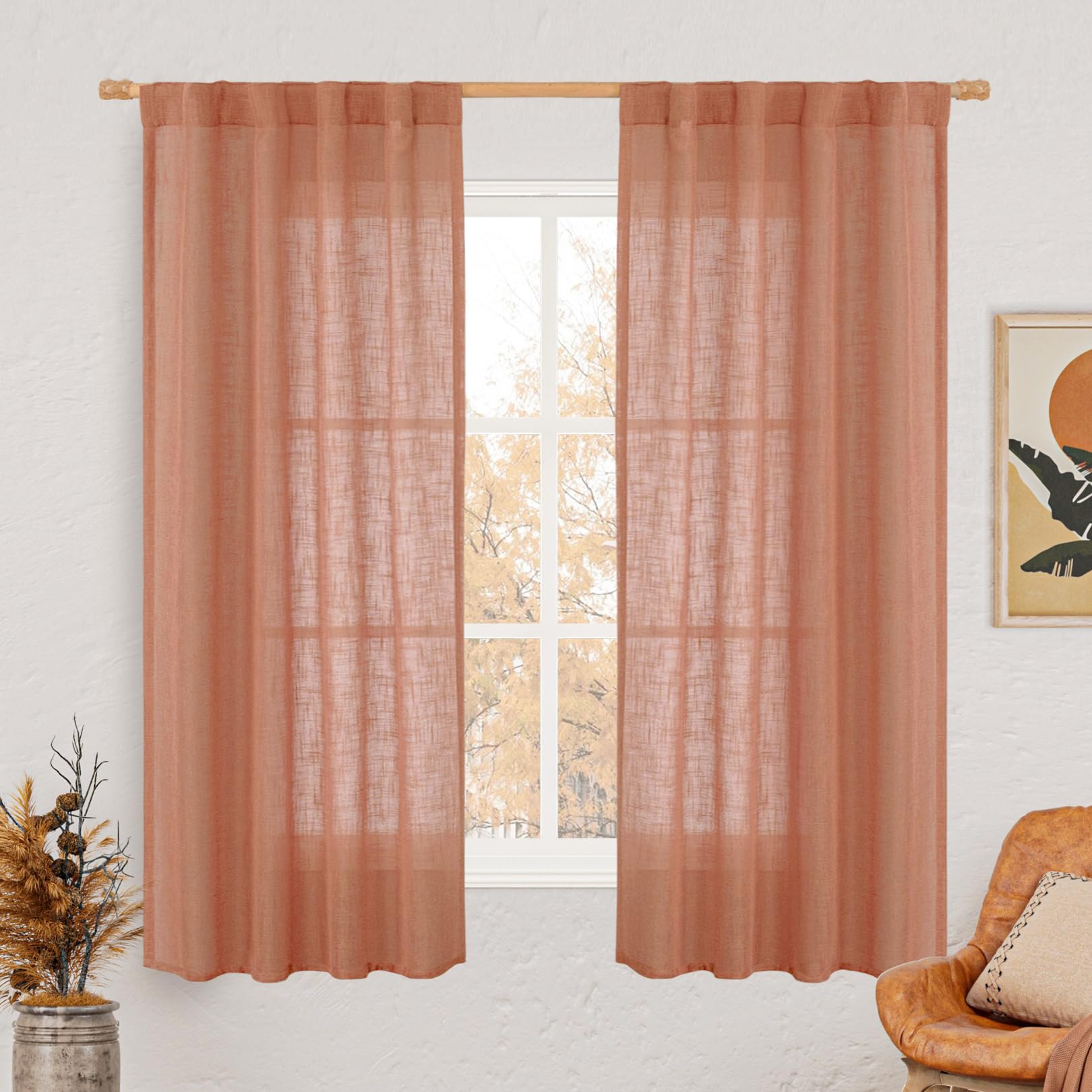 LAMIT Terracotta Linen Semi Sheer Curtains 63 Inch for Bedroom 2 Panels